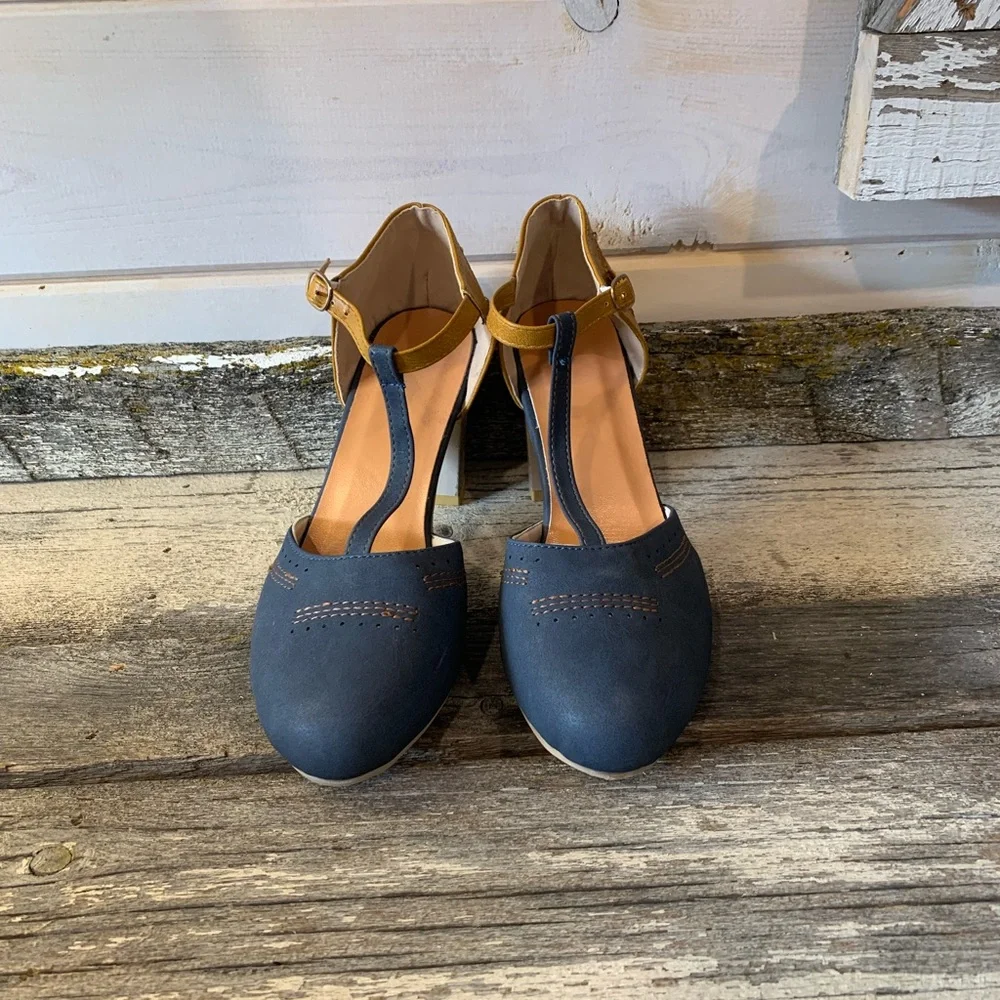 Navy & Tan Heeled Sandals - Picture 3 of 7